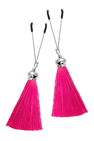 Kopče za bradavice Pecado BDSM, viljuške, sa resicama od svile, metal, bordo