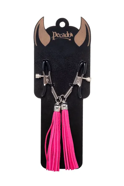 Kopče za bradavice Pecado BDSM, štipaljke, sa resicama od antilopa, metal, fuxija