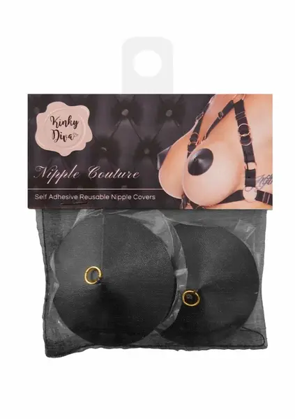 Kinky Diva crne kožne nalepnice za bradavice sa prstenom višekratne i samolepljive