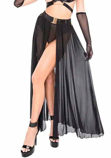 Kinky Diva Goddess Skirt Mesh Long with Bondage Waistband Black M/L