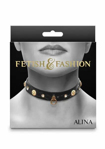 Fetish & Fashion Alina ogrlica podesiva od PU kože sa kristalima i zlatnim suncem od 29 do 44 cm