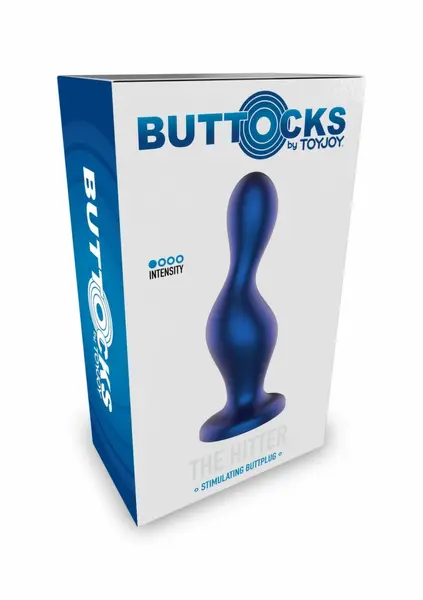 TOYJOY The Hitter metalik plavi silikonski analni čep sa anatomskim vrhom i sigurnosnim postoljem