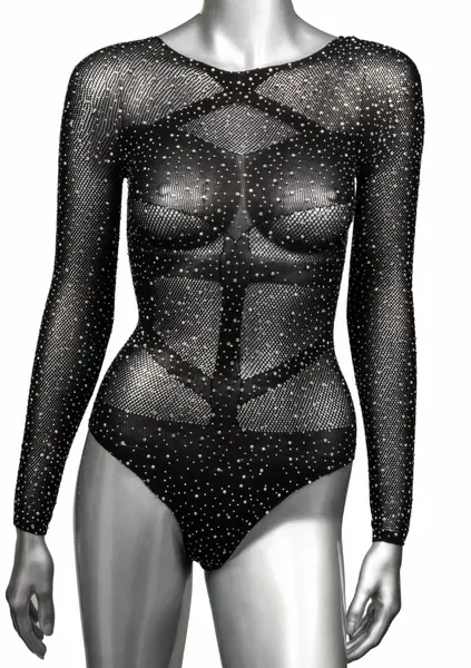 CalExotics Radiance bodi dugih rukava, mrežasti sa cirkonima, crni, univerzalna veličina