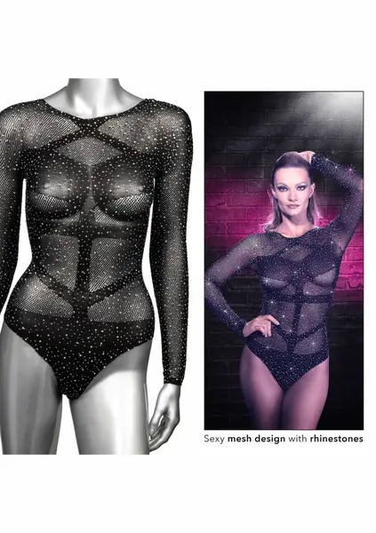 CalExotics Radiance bodi dugih rukava, mrežasti sa cirkonima, crni, univerzalna veličina