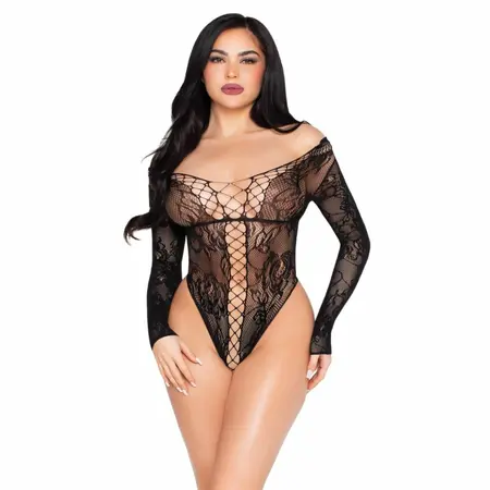 Leg Avenue crni čipkani bodi, elegantan bodi sa cvetnom čipkom, S/M