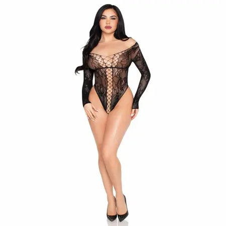 Leg Avenue crni čipkani bodi, elegantan bodi sa cvetnom čipkom, S/M