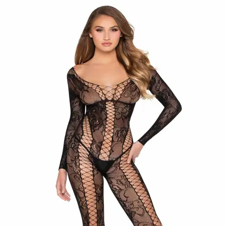 Leg Avenue crni čipkani bodistoking elegantnog cvetnog dizajna