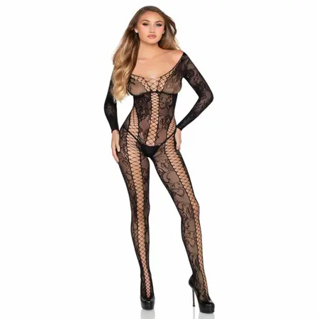 Leg Avenue crni čipkani bodistoking elegantnog cvetnog dizajna