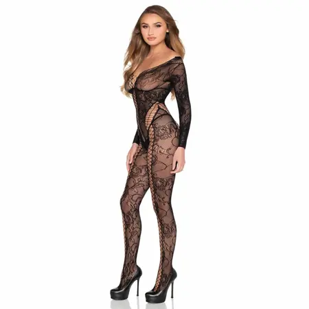 Leg Avenue crni čipkani bodistoking elegantnog cvetnog dizajna
