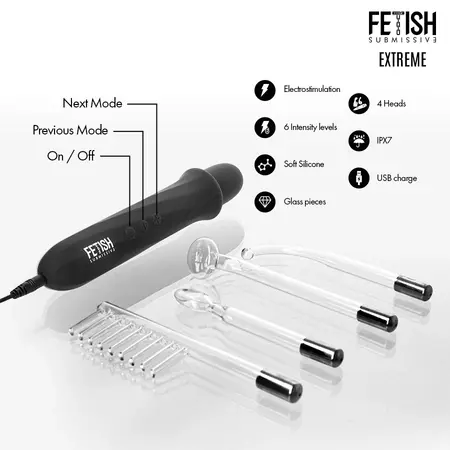 Fetish Submissive visokofrekventni elektrostimulacioni štapić, 4 nastavka, crni