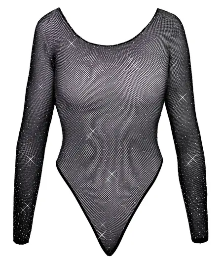 Cottelli Fantasy S-L crni mrežasti bodi sa šljokicama, dugi rukavi, rastegljiv materijal