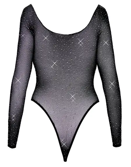 Cottelli Fantasy S-L crni mrežasti bodi sa šljokicama, dugi rukavi, rastegljiv materijal