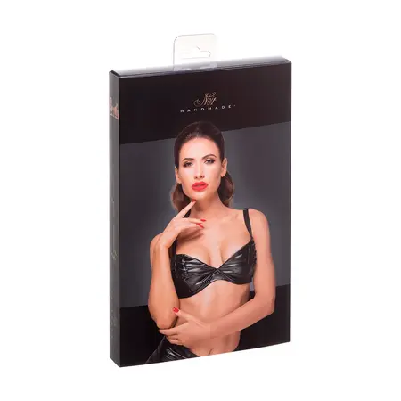 Noir Handmade F197 Wetlook Bra 3XL with Decorative Pleats, Adjustable Straps