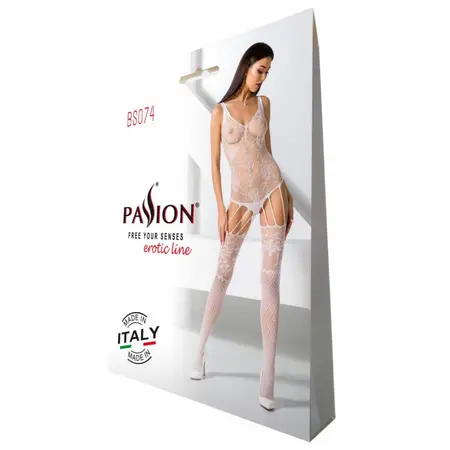 Passion BS074 bešavni čipkani kombinezon u beloj boji, elegantan mrežasti bodi, univerzalna veličina