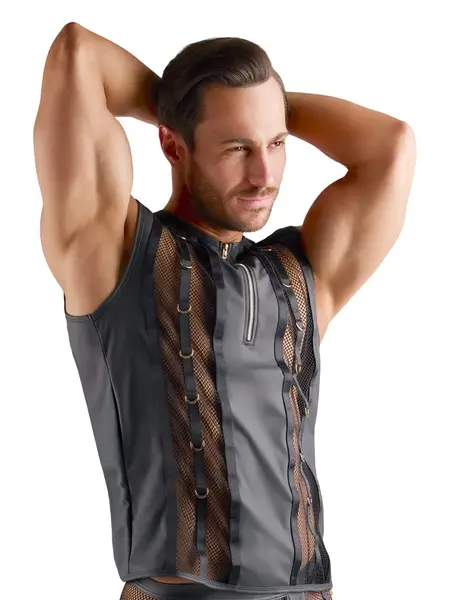 Svenjoyment muška majica bez rukava od mrežice i wetlook materijala 2XL, sa zlatnim rajsferšlusom i prstenovima