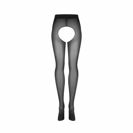 Obsessive Norless crne mrežaste čarape sa otvorenim preponama i dekorativnim HOT MESS detaljem S/M