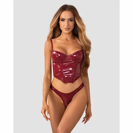Obsessive Redya Corset & Thong Set Red - Adjustable Gloss Finish Design L/XL