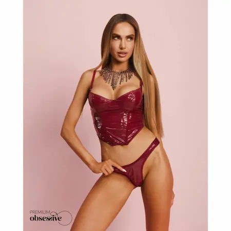 Obsessive Redya crveni set sa korsetom, sjajni finiš, podesiva veličina, veličina S/M