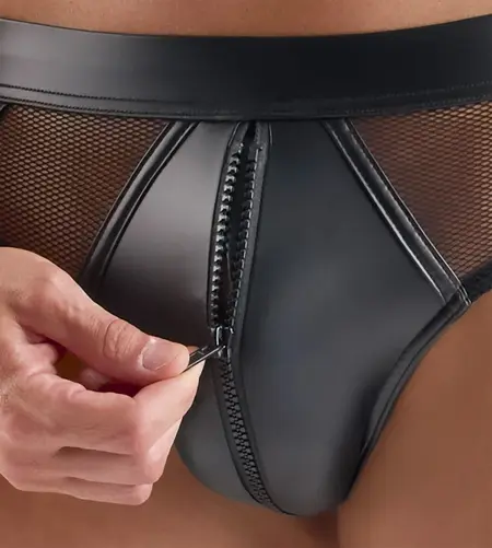 Svenjoyment muške slip gaćice XL crni wetlook sa mrežicom i rajsferšlusom za savršenu udobnost