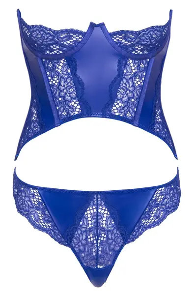 Cottelli Lingerie plavi komplet sa korsetom bez naramenica S čipka i wetlook efekat