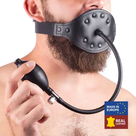 Red Leather Gag with Inflatable Silicone Mouthpiece Black Adjustable