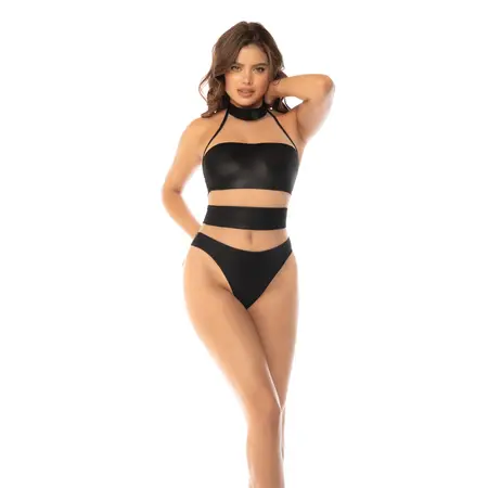 Mapale Halter bodi XL senzualna kombinacija mrežice i efekta kože u boji kože i crnoj