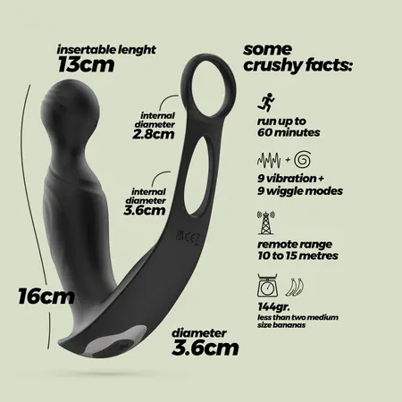 Crushious Flamma Black vibrirajući masažer prostate sa dvostrukim prstenom 16 cm