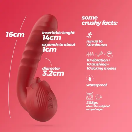 Crushious Osiria intimni stimulator sa funkcijom penetracije i lizanja u obliku ruže crveni 16cm