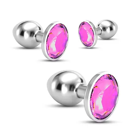 Crushious Bijou Pink Set, trio metalnih analnih čepova sa draguljem, 3 veličine