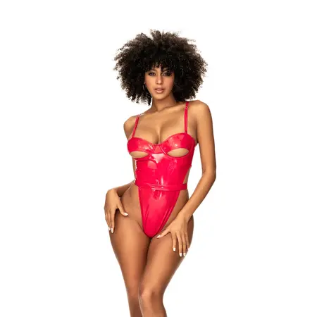 Mapale Teddy L Wet Look Red Vinyl Bodysuit Adjustable Straps