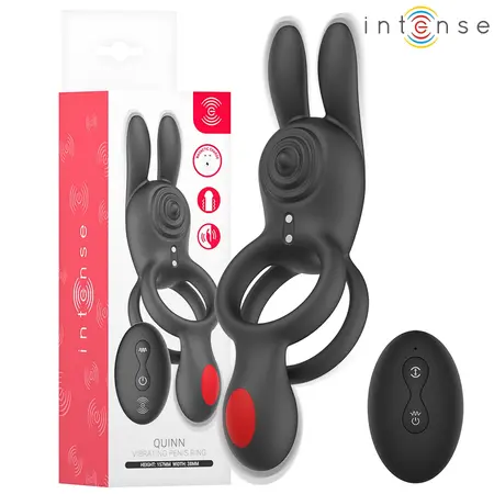 Intense Quinn Double Stimulation Ring with Remote, 9 Modes, Silicone, Black