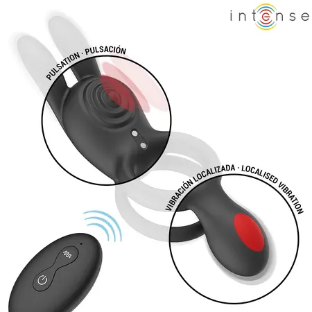 Intense Quinn Double Stimulation Ring with Remote, 9 Modes, Silicone, Black