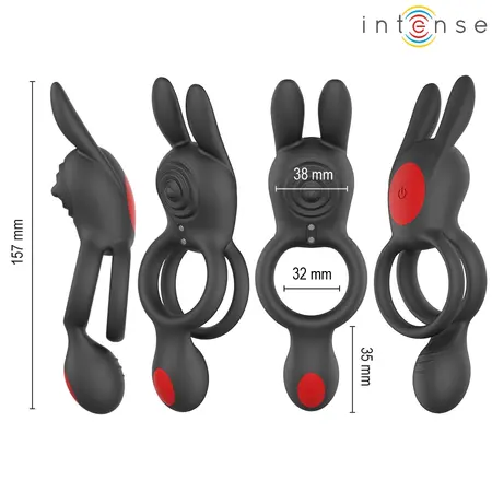 Intense Quinn Double Stimulation Ring with Remote, 9 Modes, Silicone, Black