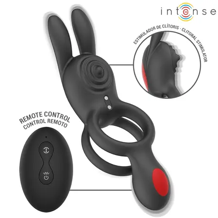 Intense Quinn Double Stimulation Ring with Remote, 9 Modes, Silicone, Black