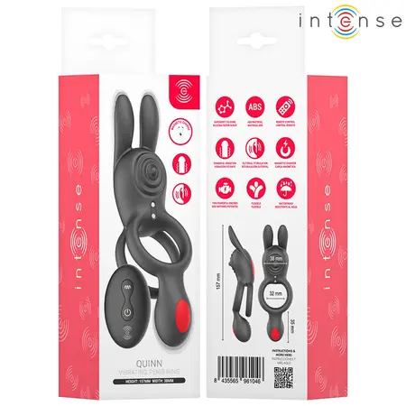 Intense Quinn Double Stimulation Ring with Remote, 9 Modes, Silicone, Black