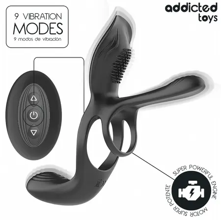 Addicted Toys Double Ring System with Multi-Zone Vibrating Stimulator, Black