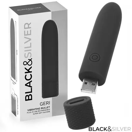 BLACK & SILVER GERI Compact USB Vibrating Device, 8 Modes, Black, 10cm