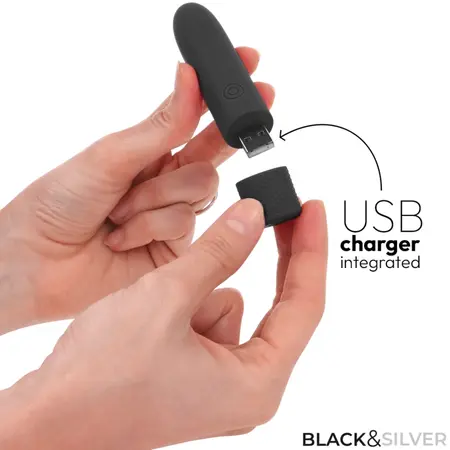 BLACK & SILVER GERI Compact USB Vibrating Device, 8 Modes, Black, 10cm