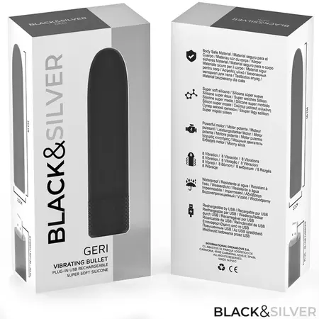 BLACK & SILVER GERI Compact USB Vibrating Device, 8 Modes, Black, 10cm