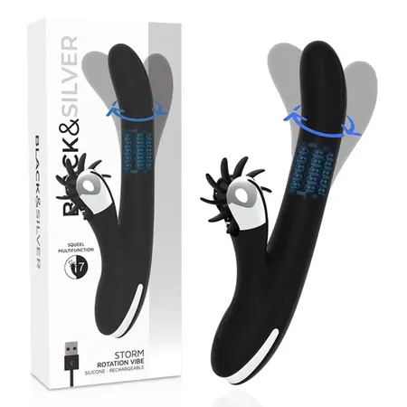 Black&Silver Bunny Storm rotirajući vibrator sa USB punjenjem od silikona 24cm