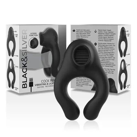 Black&Silver Licking punjivi silikonski intimni prsten sa 3 motora crni