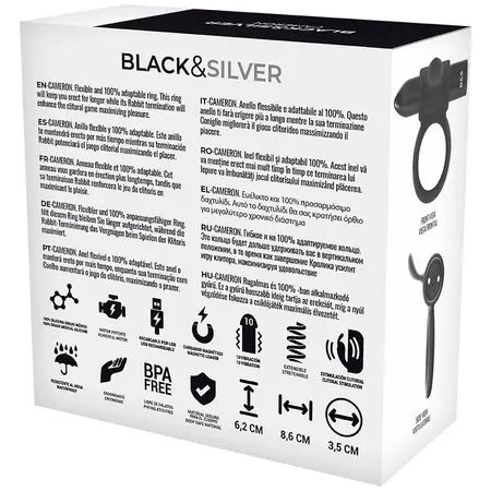 BLACK&SILVER Cameron Black Rechargeable Silicone Ring, 10 Modes, Waterproof
