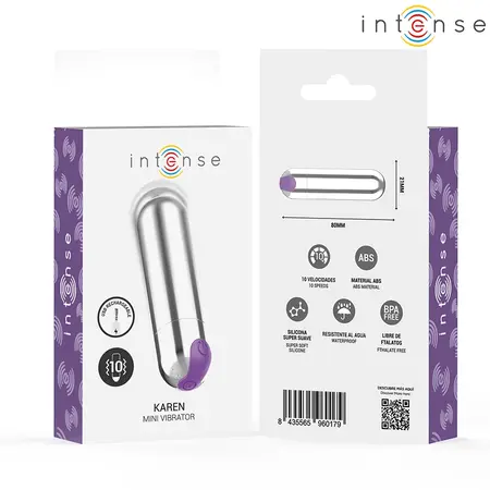 INTENSE Karen Mini punjivi vibrirajući metak u srebrnoj boji, kompaktni stimulator sa 10 modova vibracije