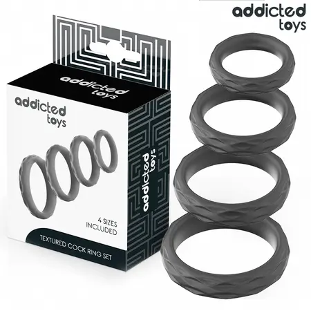 Addicted Toys Silicone Textured Ring Set - 4 Flexible Sizes, Black