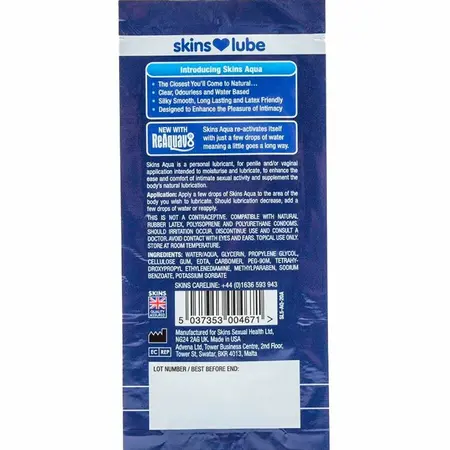 Skins Aqua lubrikant na bazi vode u kesici od 5ml, prozirna i nežna formula