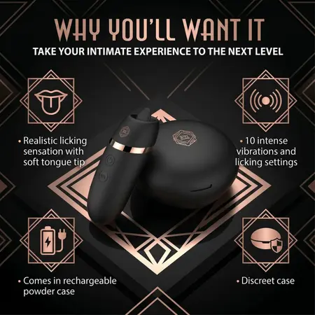 Rosy Gold Licking Stimulator Black sa premium kutijom za punjenje, kompaktni dizajn