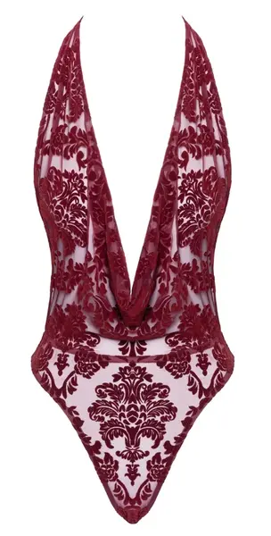 Noir Handmade Kink Royal bodi u crvenoj boji, veličina S, sa elegantnim plišanim dezenom i vezivanjem oko vrata