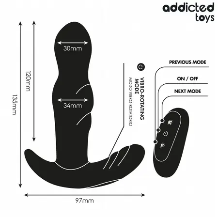 Addicted Toys Rotating Vibrating Anal Plug Remote - 10 Modes, Silicone, 135mm