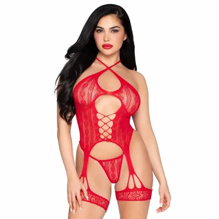 Leg Avenue Heart Net Lingerie Set Red - Cami, Garters & String One Size