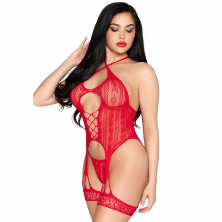 Leg Avenue Heart Net Lingerie Set Red - Cami, Garters & String One Size